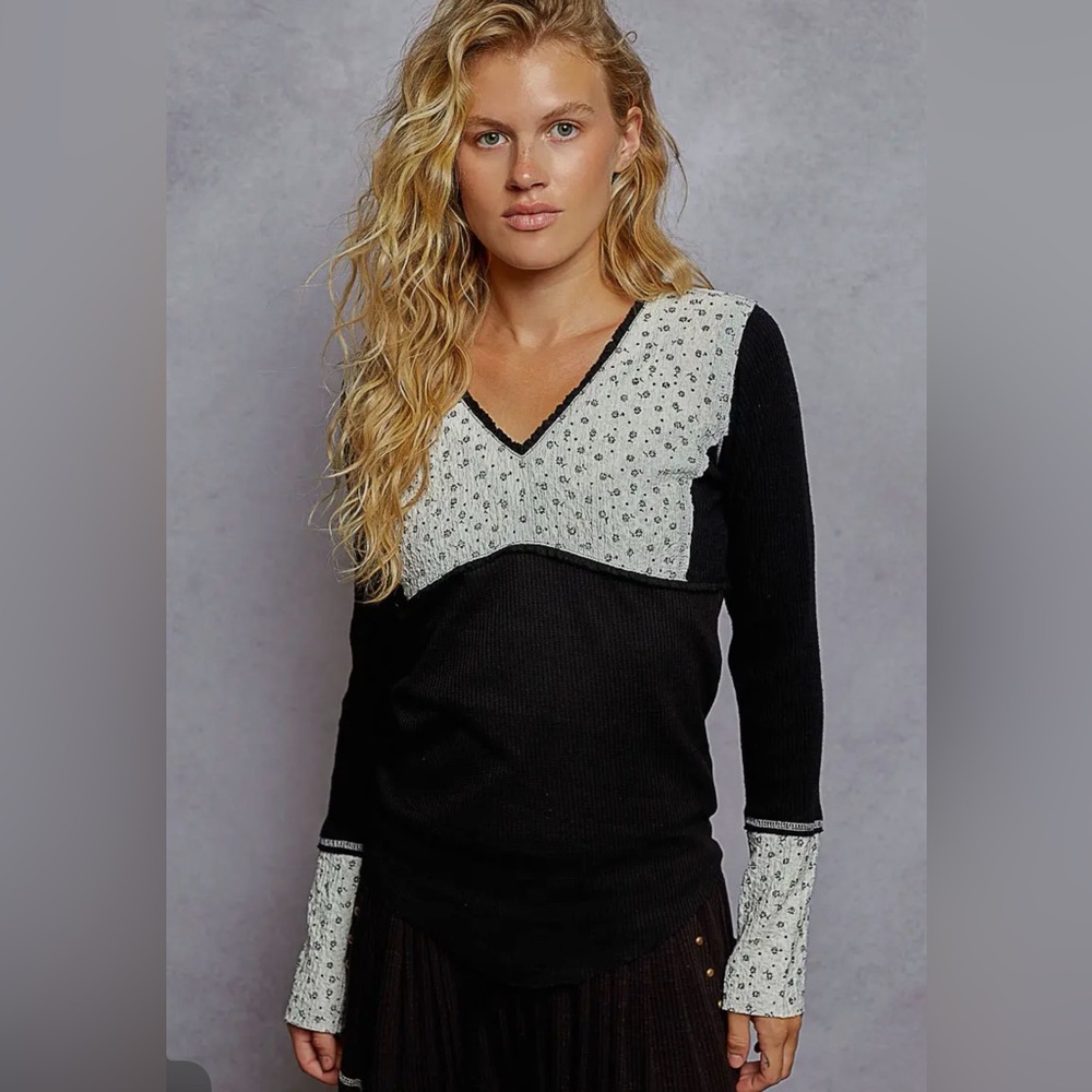 POL Black and Cream floral patch pattern top